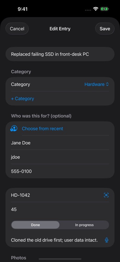 Adding a work entry, dark mode